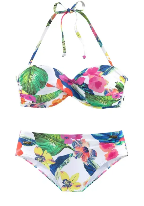 Grose Cups|LASCANA Bugel-Bandeau-Bikini"Tropic" Weis-Bedruckt