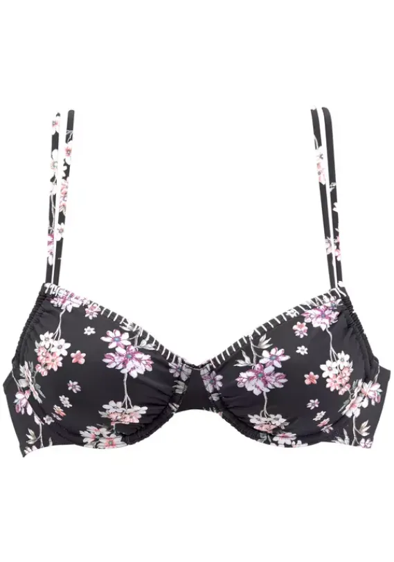 Grose Cups|Sunseeker Bugel-Bikini-Top"Ditsy" Schwarz-Bedruckt