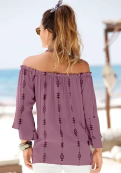 Blusen|LASCANA Carmenbluse Lila-Bedruckt
