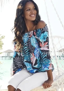 Blusen|LASCANA Carmenbluse Schwarz-Blau Bedruckt