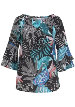 Blusen|LASCANA Carmenbluse Schwarz-Blau Bedruckt