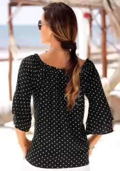 Blusen|LASCANA Carmenbluse Schwarz-Weis-Gepunktet