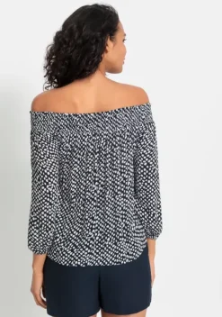 Blusen|LASCANA Carmenbluse Marine-Creme Bedruckt