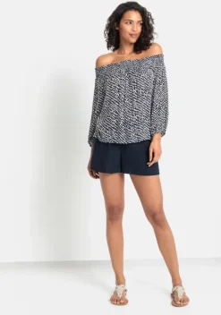 Blusen|LASCANA Carmenbluse Marine-Creme Bedruckt