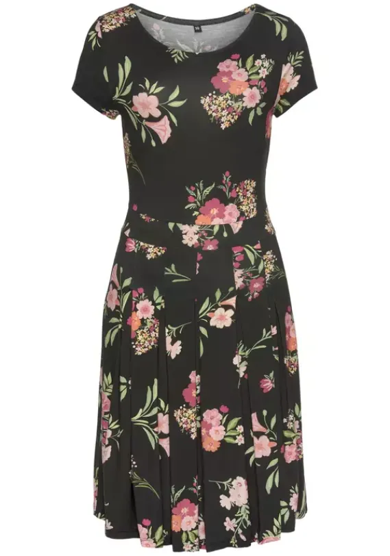 Kurze Kleider|Vivance Druckkleid Schwarz-Pink-Bedruckt