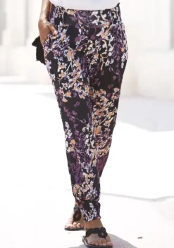 Lange Hosen|Vivance Jerseyhose Schwarz-Lila Bedruckt