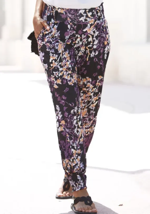 Lange Hosen|Vivance Jerseyhose Schwarz-Lila Bedruckt