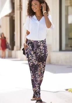 Lange Hosen|Vivance Jerseyhose Schwarz-Lila Bedruckt
