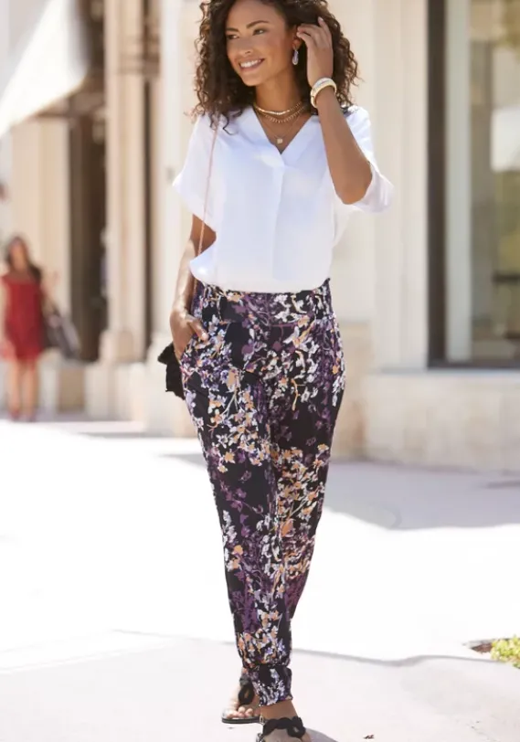 Lange Hosen|Vivance Jerseyhose Schwarz-Lila Bedruckt