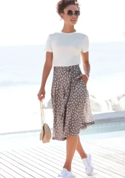 Kurze Kleider|Vivance Jerseykleid Taupe-Creme Bedruckt