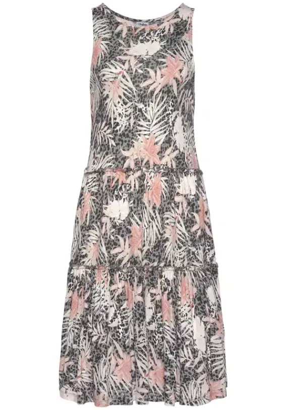 Kurze Kleider|Buffalo Jerseykleid Weis-Grau-Koralle-Bedruckt