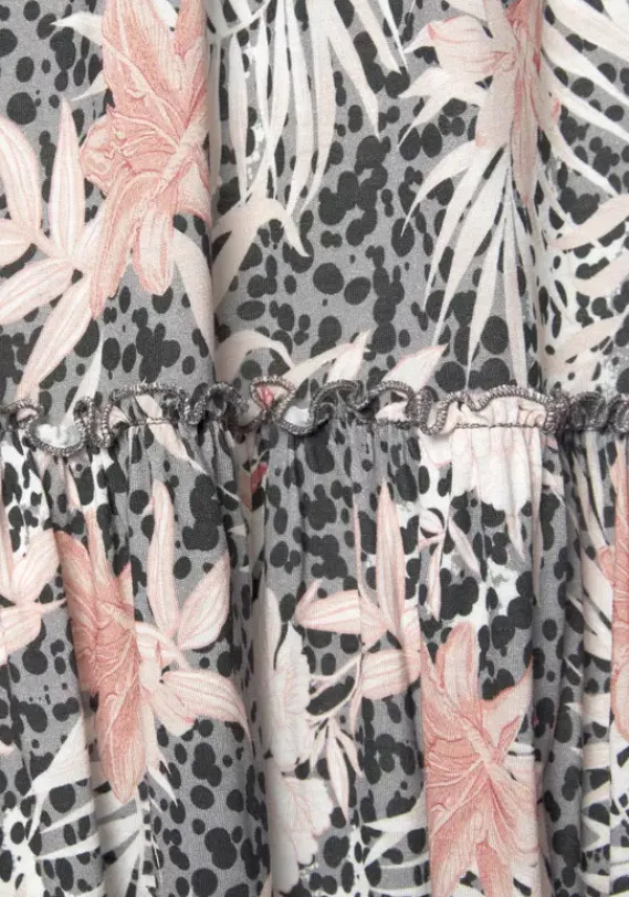 Kurze Kleider|Buffalo Jerseykleid Weis-Grau-Koralle-Bedruckt