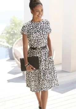 Strandmode|LASCANA Jerseykleid Creme-Schwarz Bedruckt
