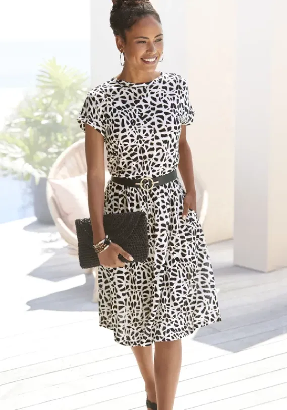 Strandmode|LASCANA Jerseykleid Creme-Schwarz Bedruckt