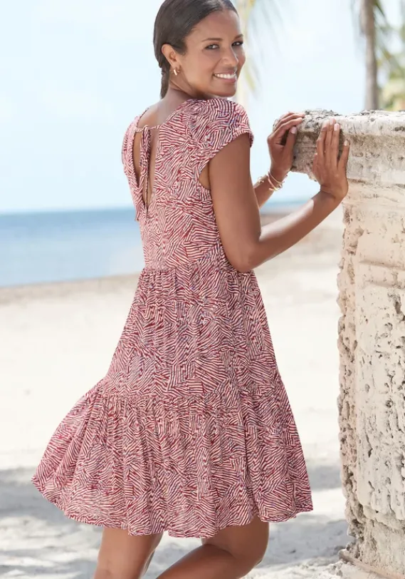 Kurze Kleider|Vivance Jerseykleid Rot-Apricot-Blau Bedruckt