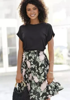 Kurze Kleider|Buffalo Jerseykleid Schwarz-Rosa-Bedruckt