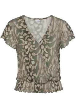 Damenshirts|LASCANA Kurzarmshirt Taupe-Grun-Bedruckt