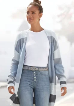 Jacken & Mantel|LASCANA Longstrickjacke Blau-Creme-Grau