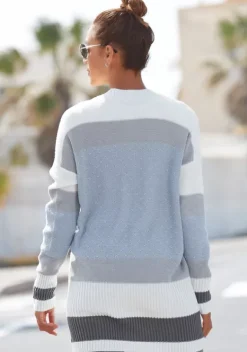 Jacken & Mantel|LASCANA Longstrickjacke Blau-Creme-Grau