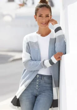 Jacken & Mantel|LASCANA Longstrickjacke Blau-Creme-Grau