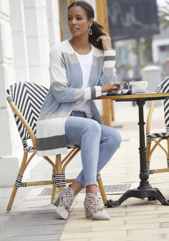 Jacken & Mantel|LASCANA Longstrickjacke Blau-Creme-Grau