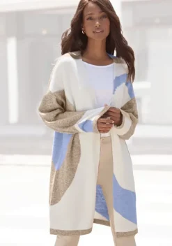 Jacken & Mantel|LASCANA Longstrickjacke Creme-Beige-Blau