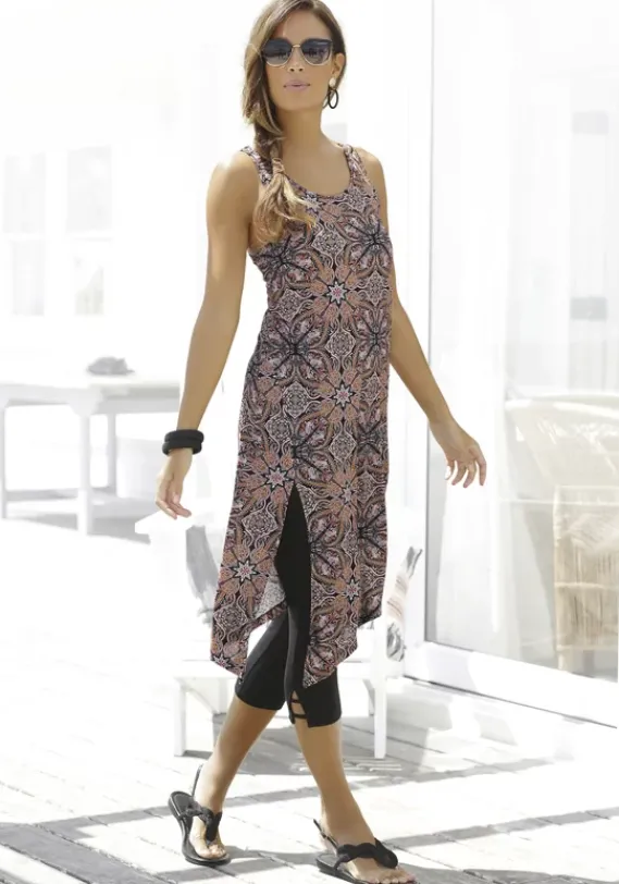 Damenshirts|Beachtime Longtop Braun-Bedruckt, Schwarz