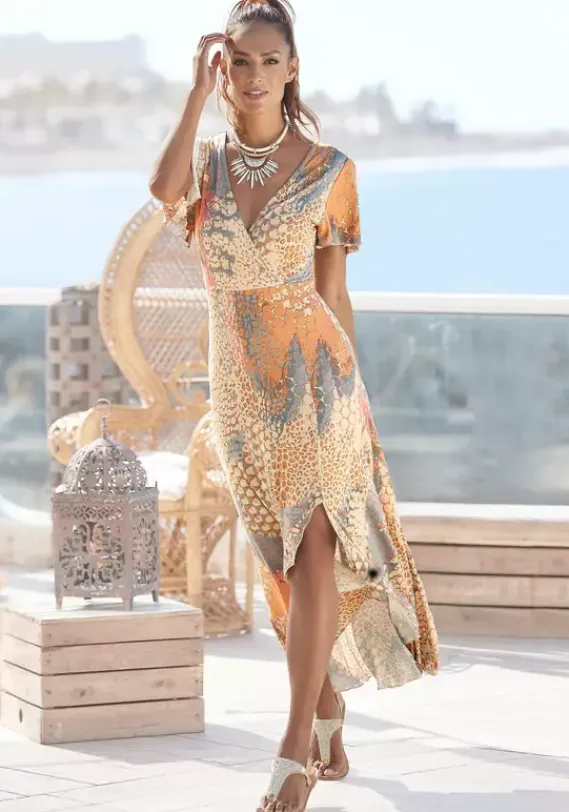 Maxikleider|Buffalo Maxikleid Orange-Blau-Bedruckt