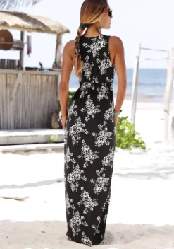 Strandkleider|LASCANA Maxikleid Schwarz-Creme-Bedruckt