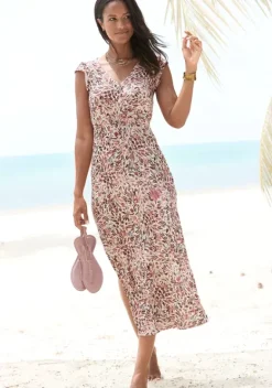 Strandkleider|Vivance Maxikleid Creme-Mauve Bedruckt