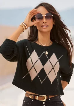 Pullover|Buffalo Rhombenpullover Schwarz-Camelfarben