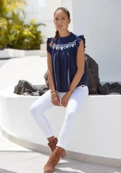Blusen|LASCANA Ruschenbluse Marine-Weis