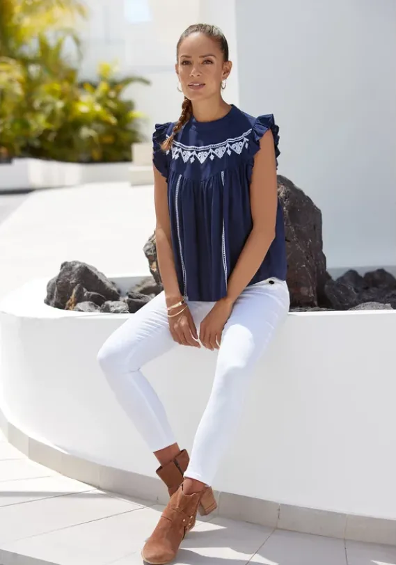 Blusen|LASCANA Ruschenbluse Marine-Weis