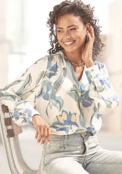 Blusen|LASCANA Satinbluse Creme Bedruckt