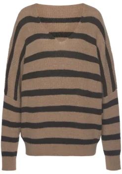 Pullover|Vivance Streifenpullover Camelfarben-Schwarz
