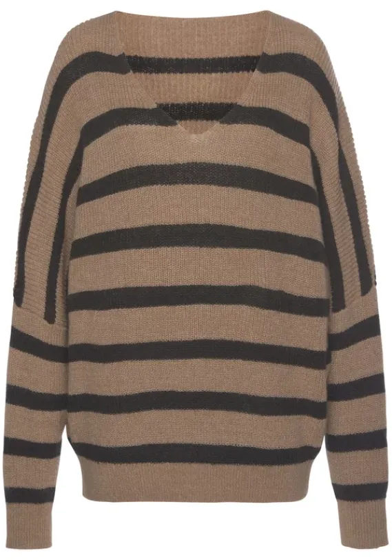 Pullover|Vivance Streifenpullover Camelfarben-Schwarz