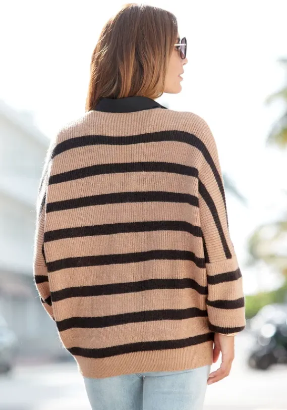 Pullover|Vivance Streifenpullover Camelfarben-Schwarz
