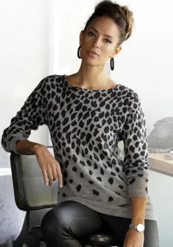 Pullover|LASCANA Strickpullover Grau-Meliert-Leo