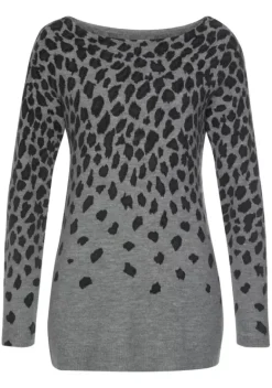 Pullover|LASCANA Strickpullover Grau-Meliert-Leo