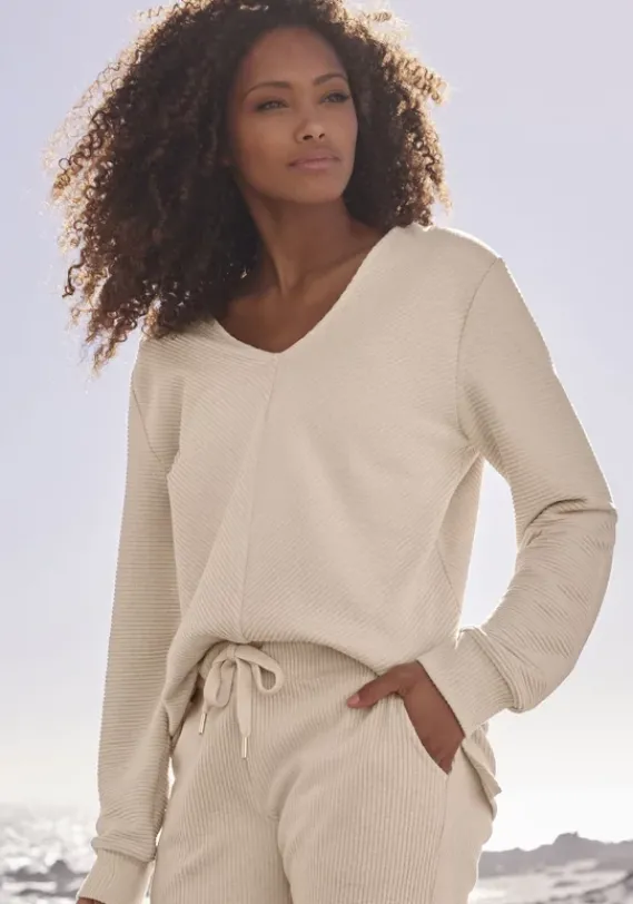 Homewear-Oberteile|s.Oliver Sweatshirt"-Langarmshirt Mit V-Ausschnitt" Creme