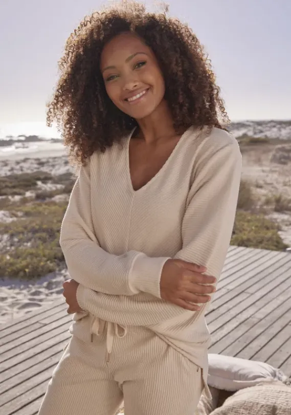 Homewear-Oberteile|s.Oliver Sweatshirt"-Langarmshirt Mit V-Ausschnitt" Creme