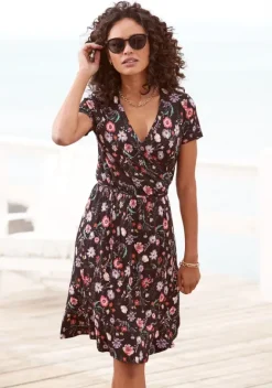 Kurze Kleider|LASCANA Wickelkleid Schwarz-Bedruckt